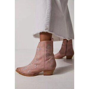 Free People Pink Suede Metallic Silver Bowers Embroidered Ankle Boots Size 36